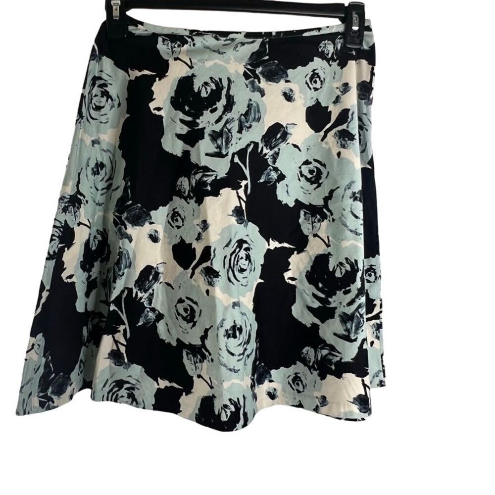 Talbots Petites Aline Floral Blue/Black Knee Length Cotton Skirt Sz 2P